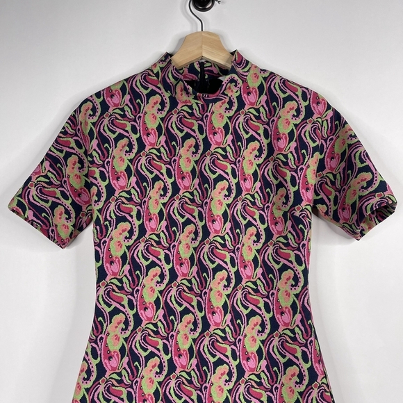 2/$30 NWT ZARA Floral Mini Shift Dress Navy Pink High Neck Short Sleeve #7305 - Picture 6 of 16